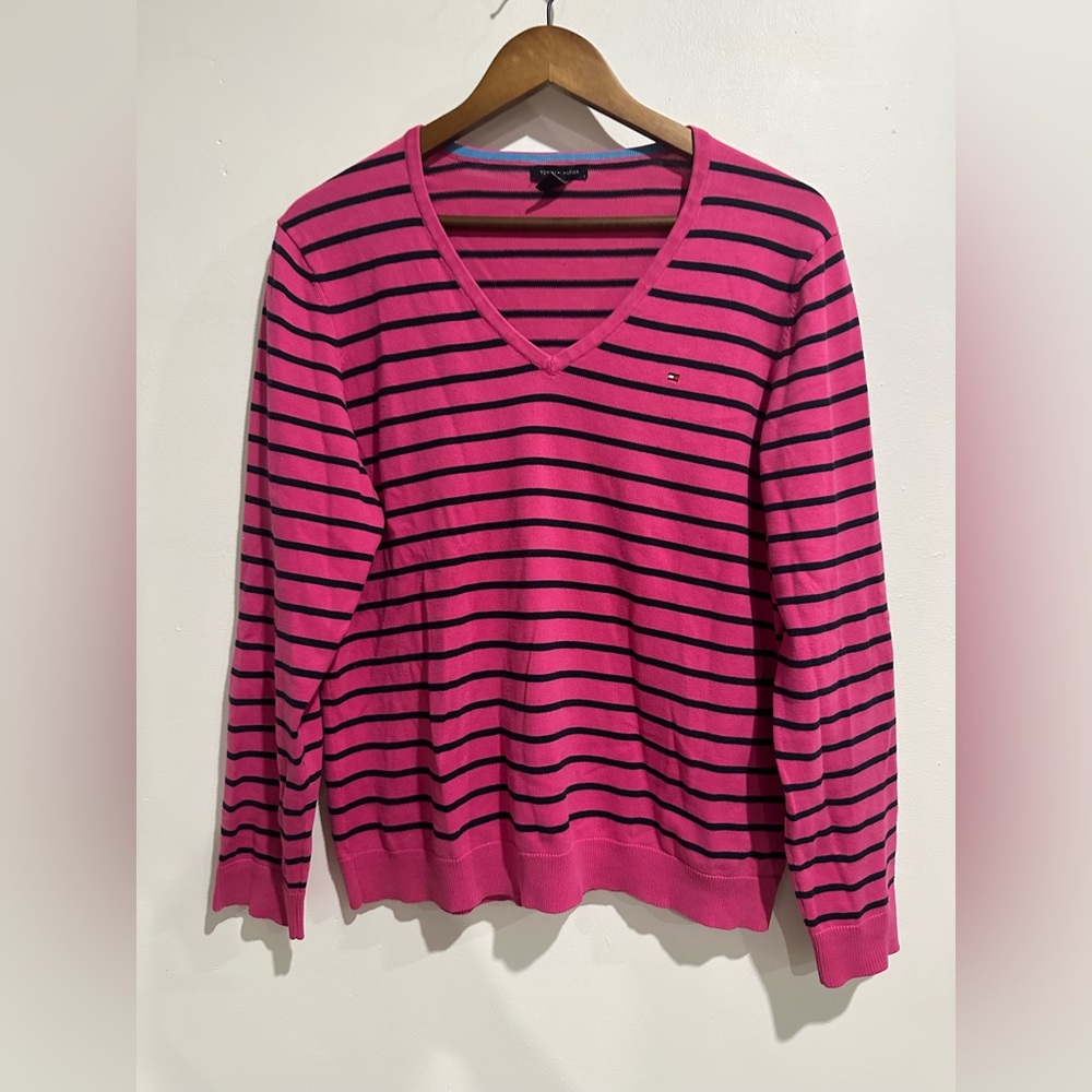 TOMMY HILFIGER Y2K Pink‎ Striped Punk Egirl Vneck Long Sleeve Size XL
